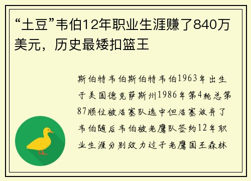 “土豆”韦伯12年职业生涯赚了840万美元，历史最矮扣篮王